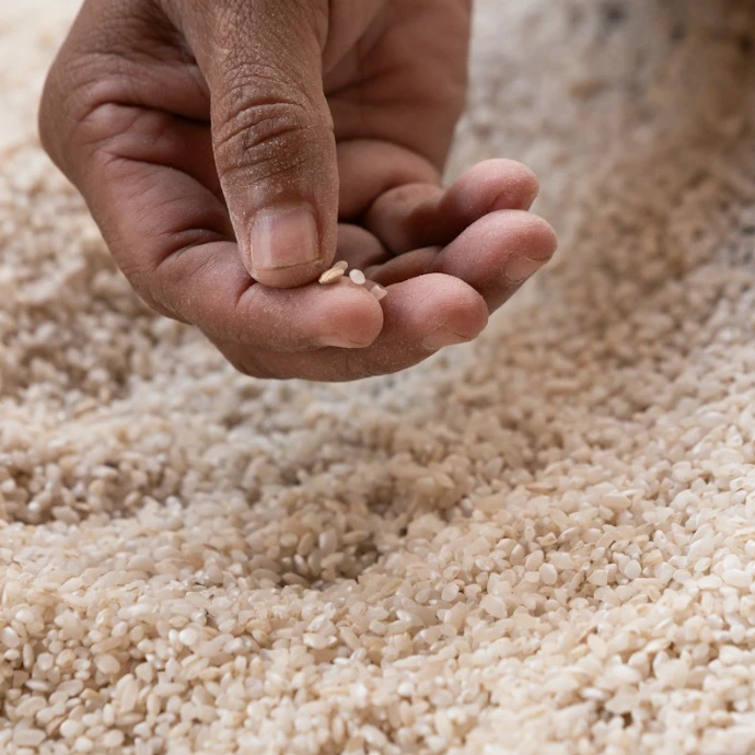 a person holding a handful of grain in their hands